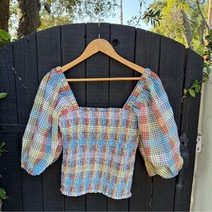 NWT GANNI Multicolor Checked Smocked Top Size 40 (L)